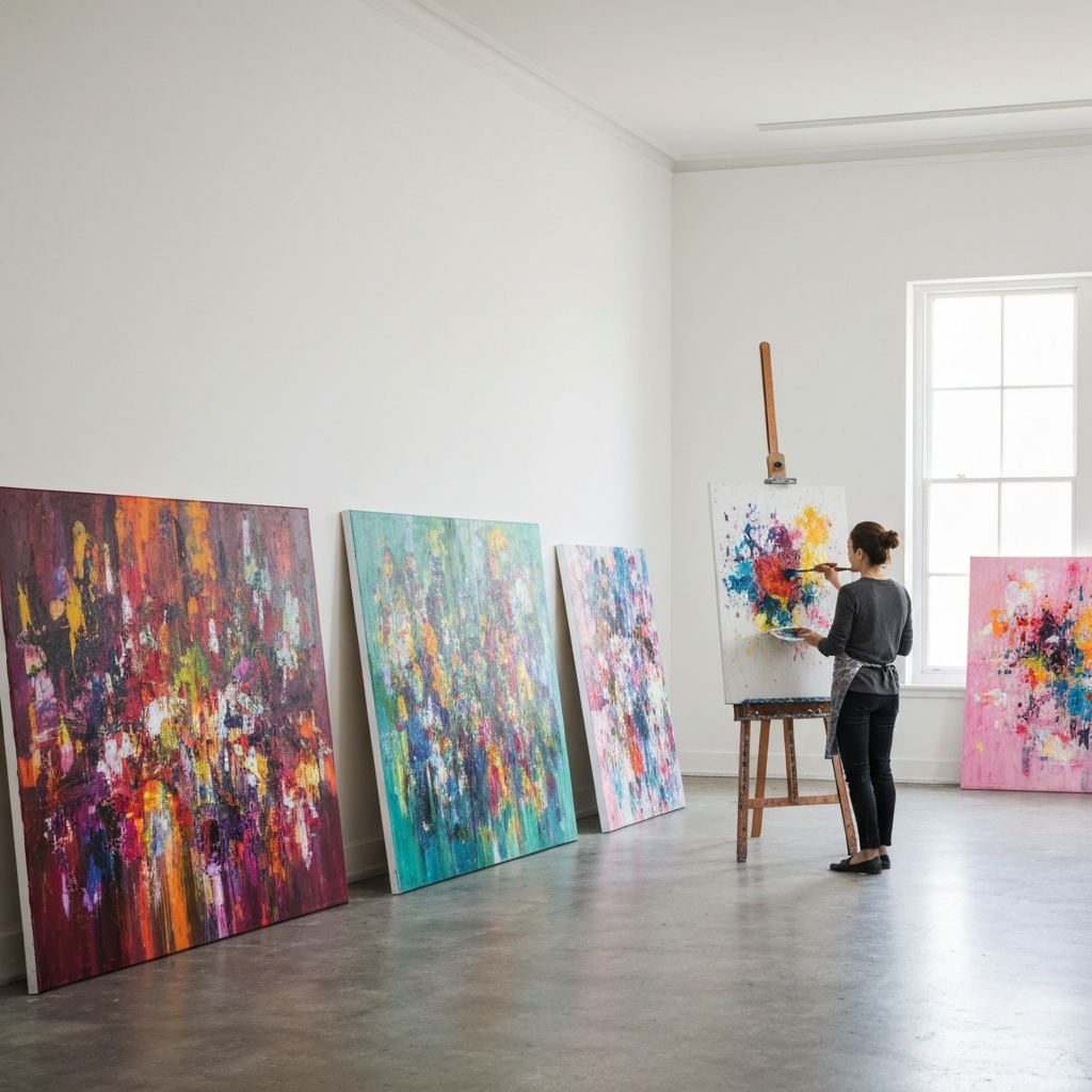 A brightly lit art studio. Several canvases lean against the wall, covered in vibrant abstract paintings. A person stands at an easel, applying paint with a brush. The light is even and diffused, highlighting the textures of the paint and canvas.