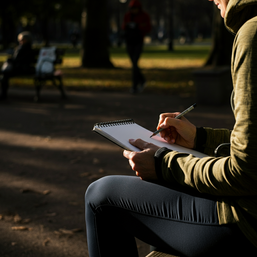 A person sits on a park bench, sketching in a notebook. The scene is bathed in golden hour lighting, casting long shadows. They are observing the people and objects around them, capturing details in their sketchbook. The texture of the paper and the charcoal pencil are visible.