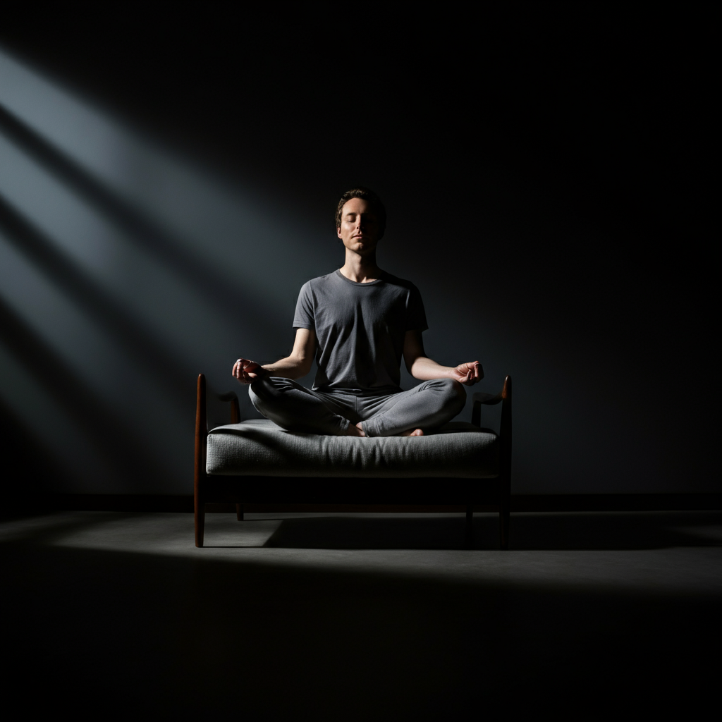 A person sits in a quiet room, meditating. The room is dimly lit, with soft light filtering through a window. They are seated in a comfortable position, with their eyes closed. The scene is peaceful and serene.
