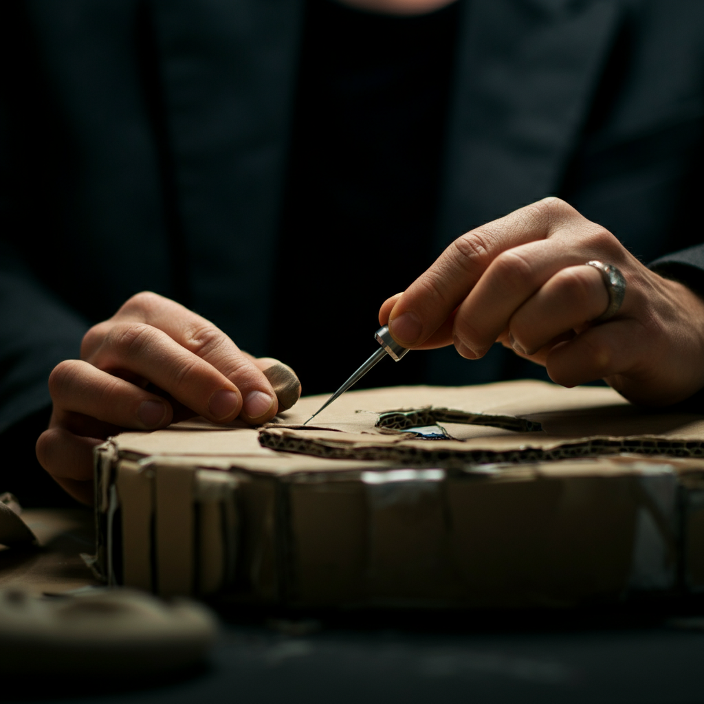 A close-up shot of a hand crafting something from recycled materials. The textures of the cardboard, paper, and glue are visible. The lighting is bright and focused, highlighting the details of the craft.