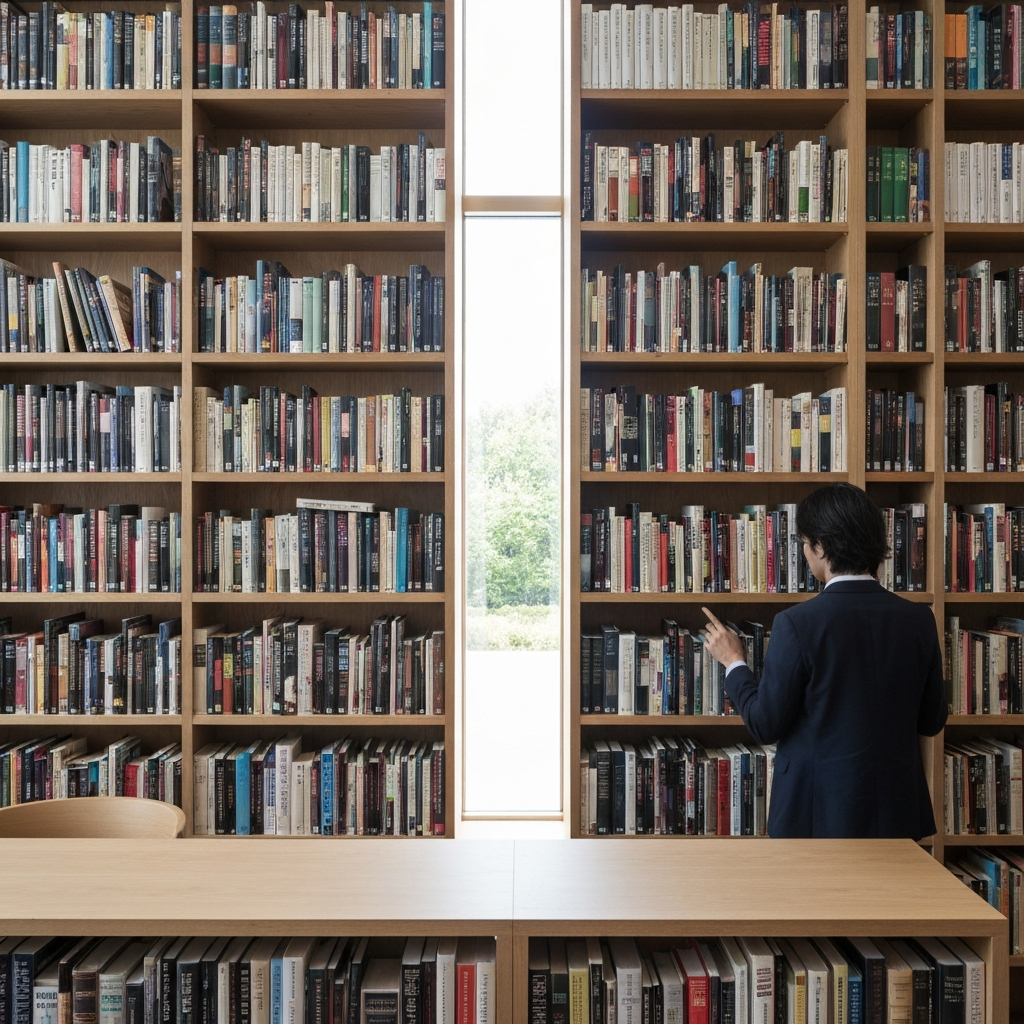 A well-stocked library. Bookshelves stretch as far as the eye can see, filled with books of all shapes and sizes. Soft, natural light streams in through a large window, illuminating the titles. A person is browsing the shelves, their fingers tracing the spines of the books.