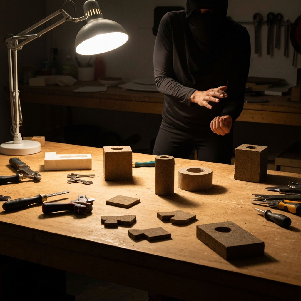 A workbench covered in tools and materials. Some of the projects are finished, while others are in various stages of completion. There are also a few failed attempts scattered around, but they are treated with the same respect as the successful ones. The lighting is bright and even, showcasing the process of trial and error.