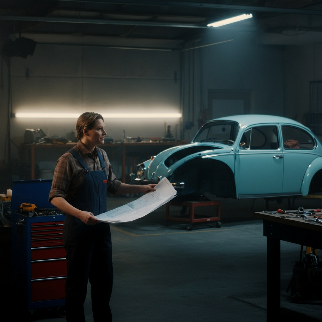 A brightly lit garage. A person stands in front of a workbench cluttered with tools, holding a blueprint in one hand and gesturing toward a partially disassembled Volkswagen Beetle in the background. Soft overhead lighting creates gentle shadows.
