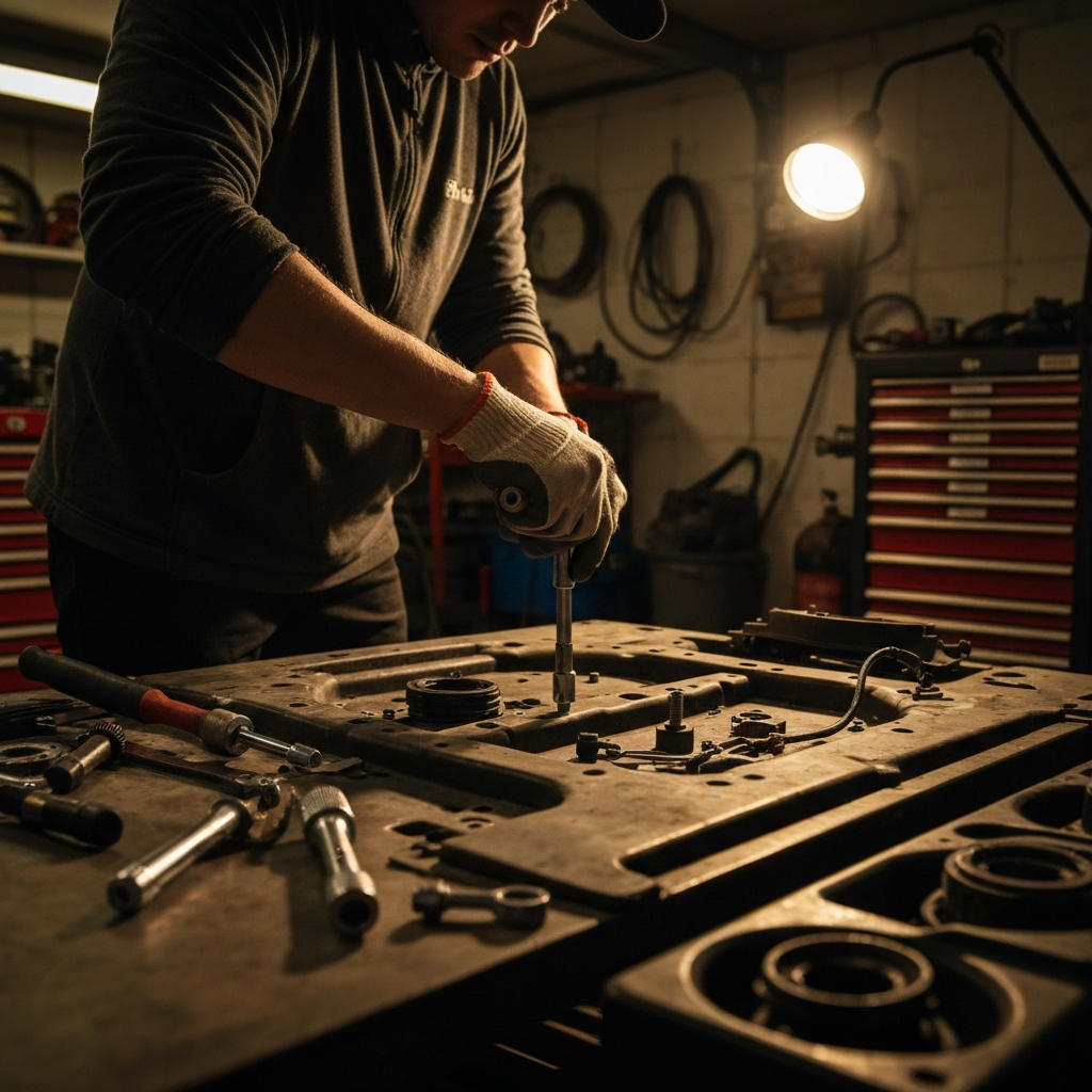 A cluttered garage. A mechanic wearing work gloves uses a socket wrench to remove a bolt from the chassis of a Volkswagen Beetle. Tools and disassembled parts are scattered around the workspace. A work light illuminates the area.