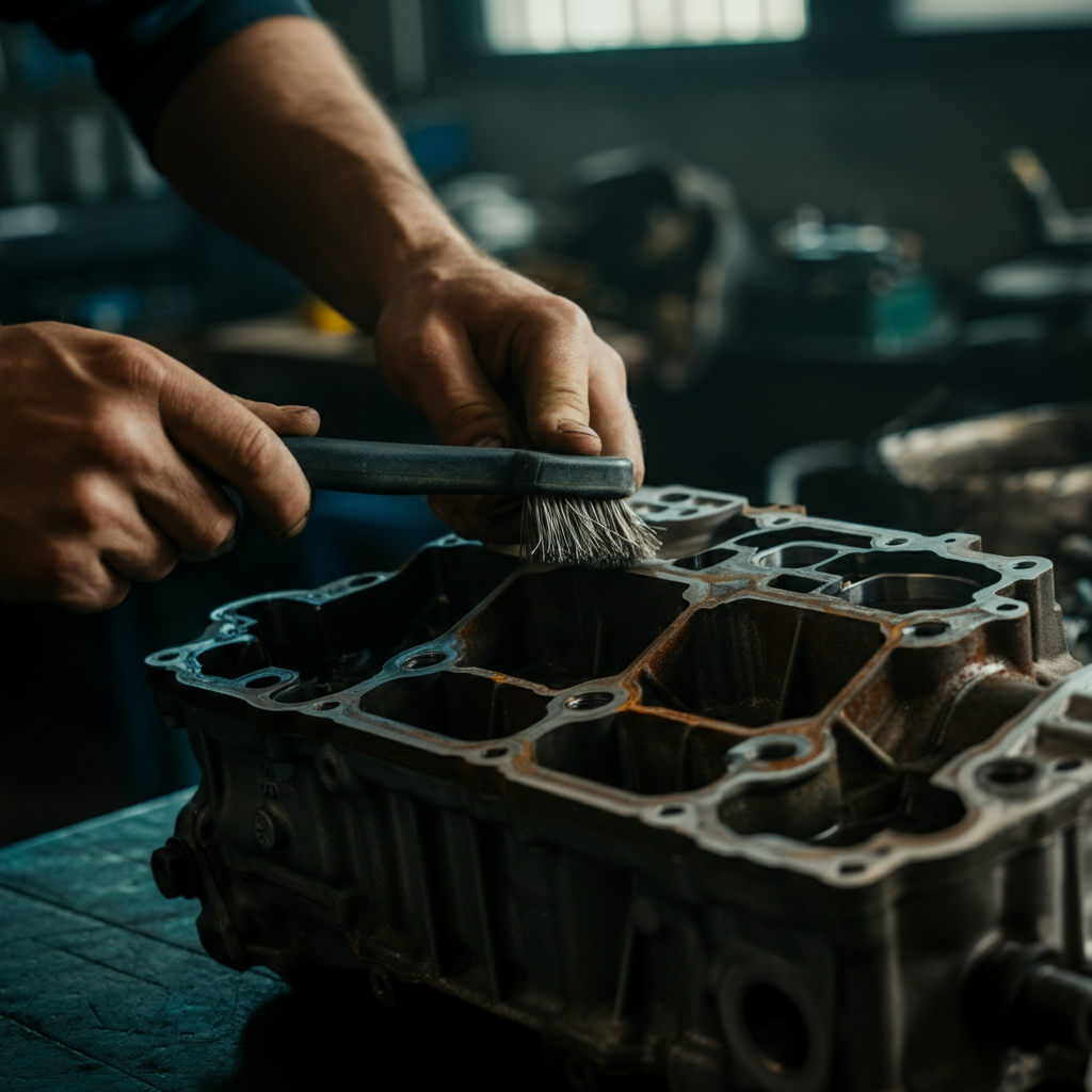 A close-up shot of a mechanic's hands cleaning a rusty metal part with a wire brush. The background is blurred, showing a collection of disassembled engine components. Natural light streams in from a nearby window, highlighting the texture of the metal.