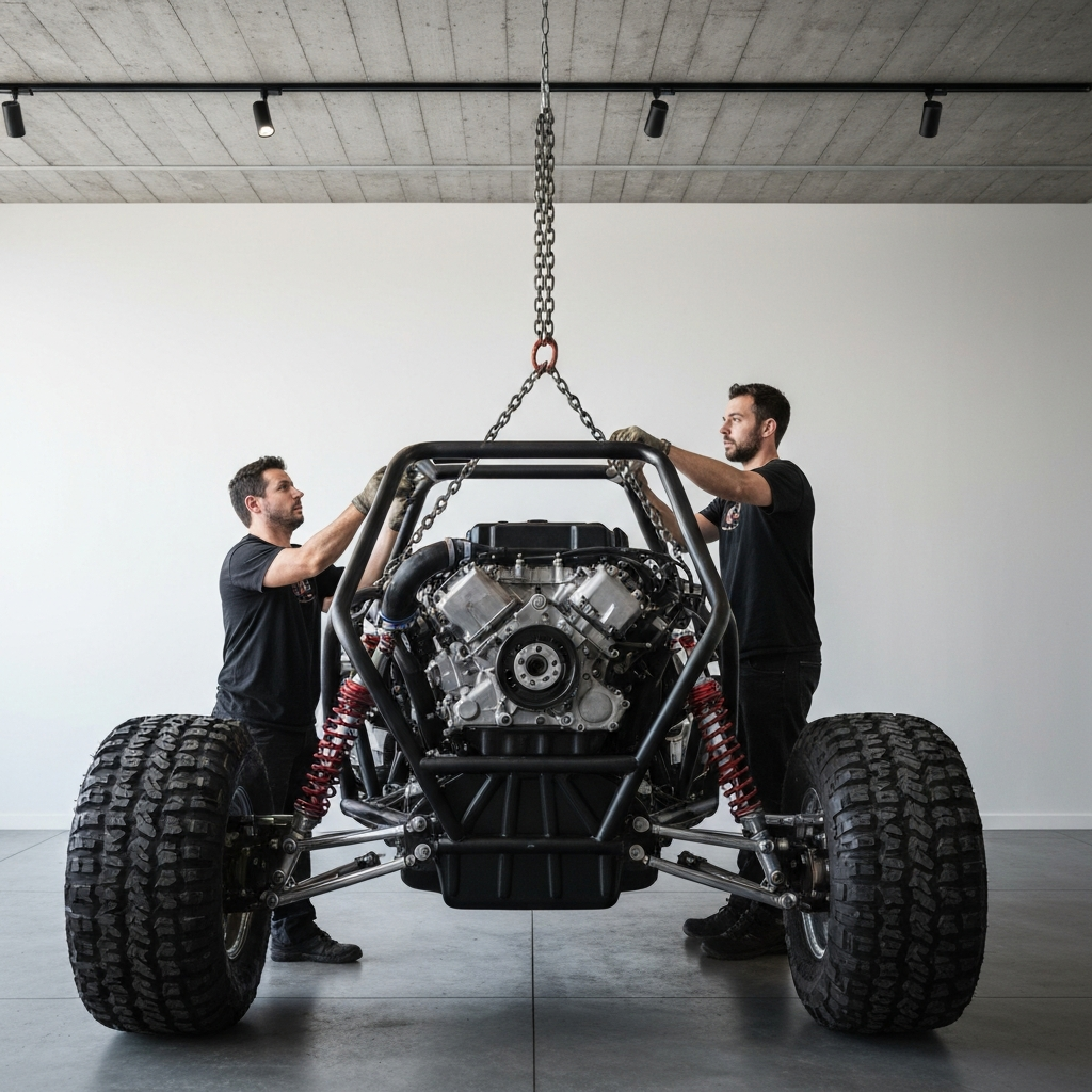 A mechanic wearing a clean t-shirt carefully lowers an engine into the chassis of a dune buggy. The engine is suspended from a chain hoist. Overhead lighting provides clear visibility.