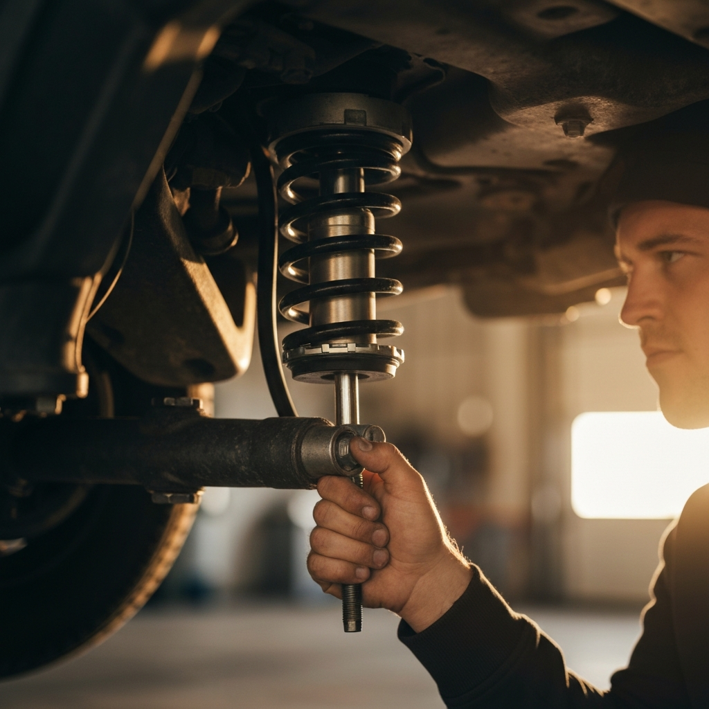 A close-up shot of a mechanic's hand tightening a bolt on a shock absorber. The suspension system is clean and well-maintained. Soft bokeh in the background suggests a spacious garage.