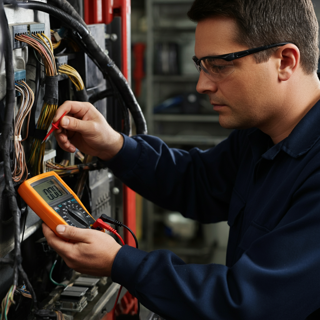 A mechanic carefully traces wires with a multimeter. The wiring harness is neatly organized, and the surrounding area is well-lit. The mechanic is wearing safety glasses.