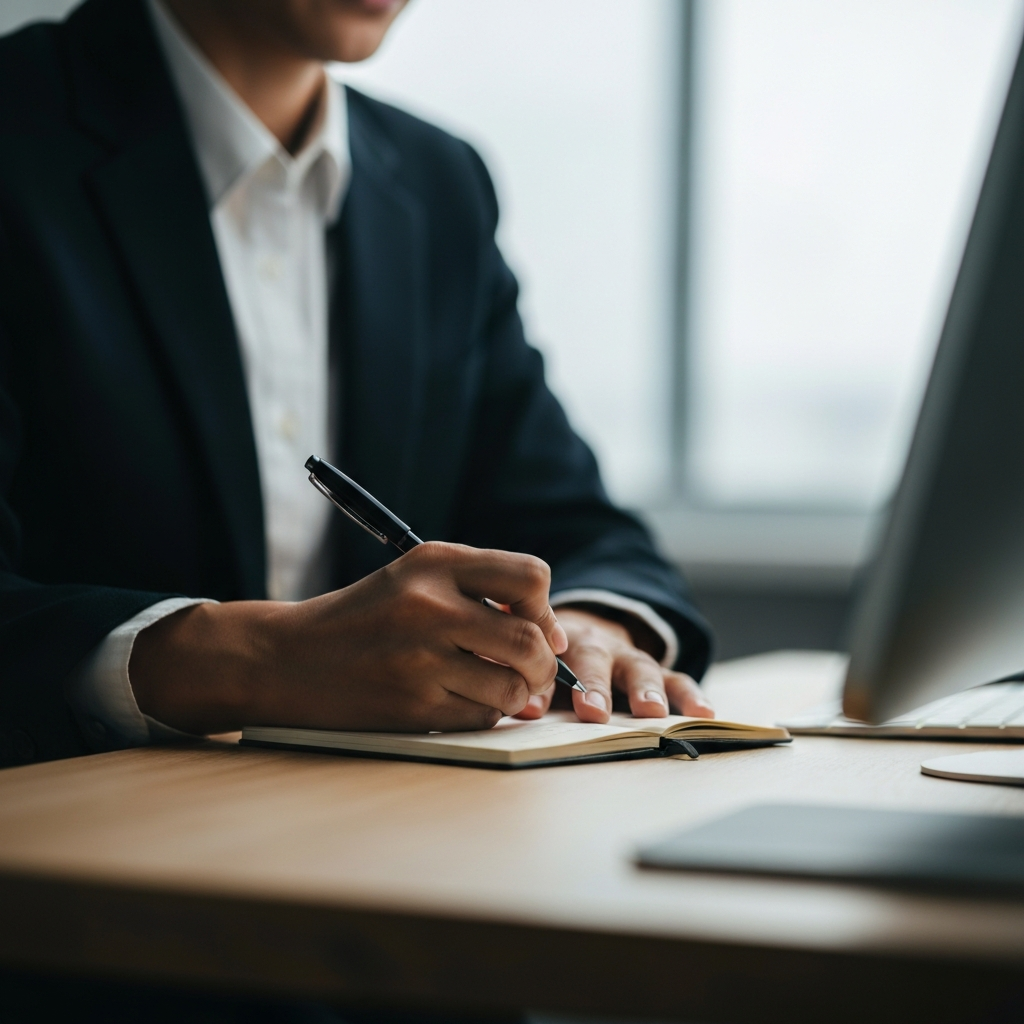 A close-up shot of a person's hand writing notes in a small notebook with a pen, illuminated by the soft glow of a computer screen. The background is slightly blurred, suggesting a home office environment.