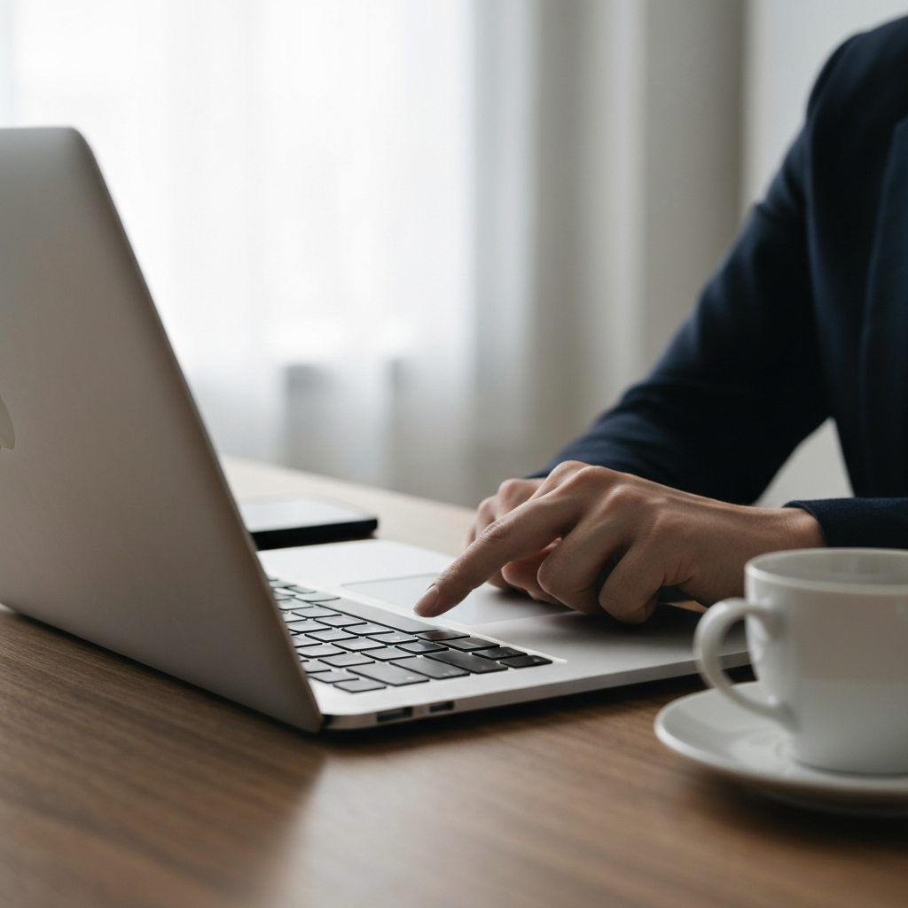 A person's finger pressing the power button on a sleek, modern laptop. The laptop is sitting on a wooden desk with a cup of coffee beside it. Soft, diffused light fills the scene.