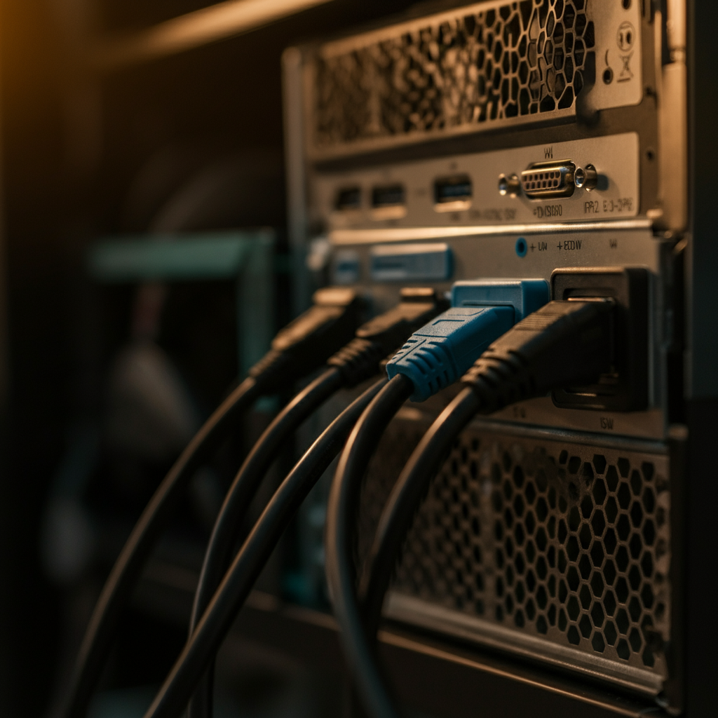 A close-up shot of various cables plugged into the back of a desktop computer, with a focus on the secure connection points. The cables are neatly organized, and the lighting highlights the textures of the plastic and metal connectors.