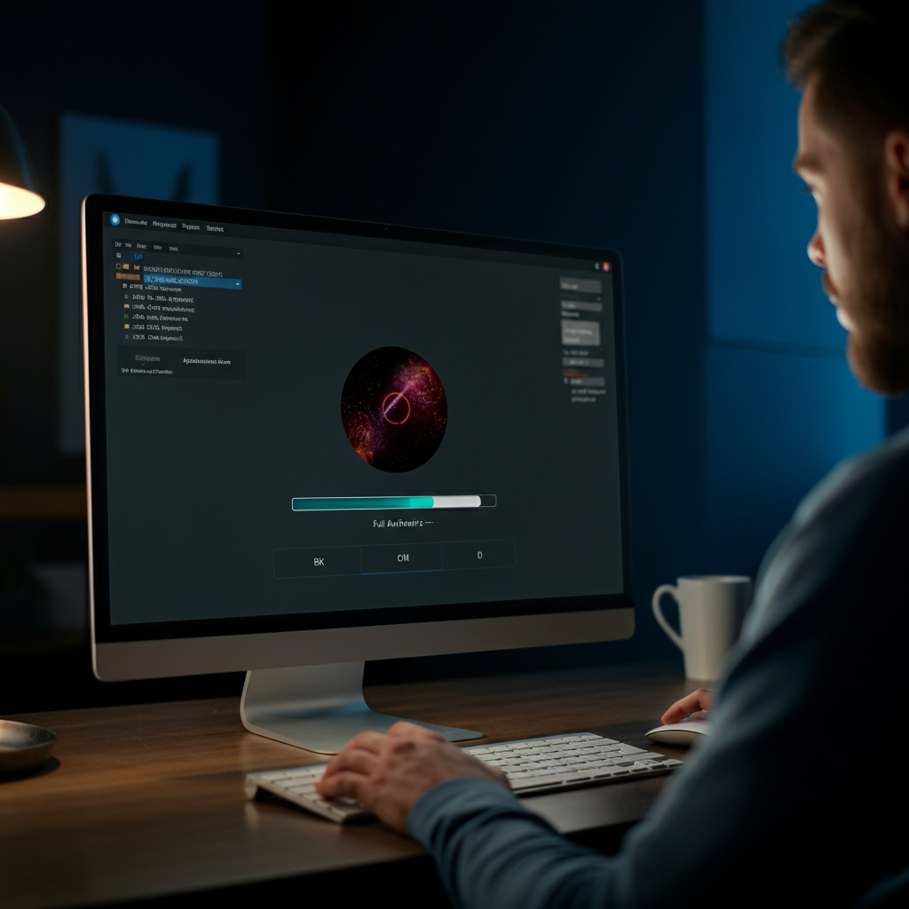 A computer screen displaying the progress of a full system scan by antivirus software. The software interface is clean and modern, with a progress bar prominently displayed. The surrounding area is a dimly lit room with a sense of security and focus.