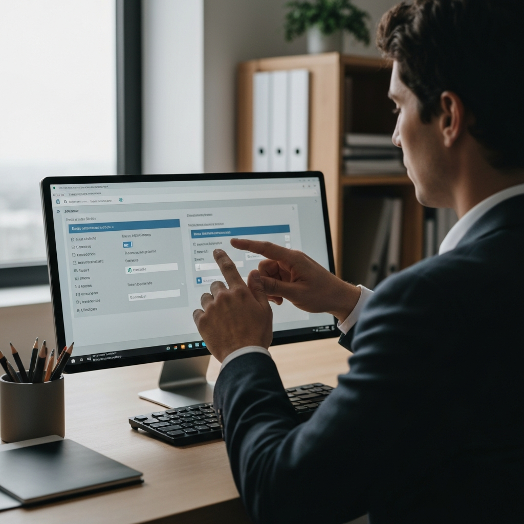 A person using the Windows System Configuration utility (msconfig) to disable startup programs. The screen is brightly lit, and the person's hand is carefully clicking through the options. The environment is a well-organized home office.