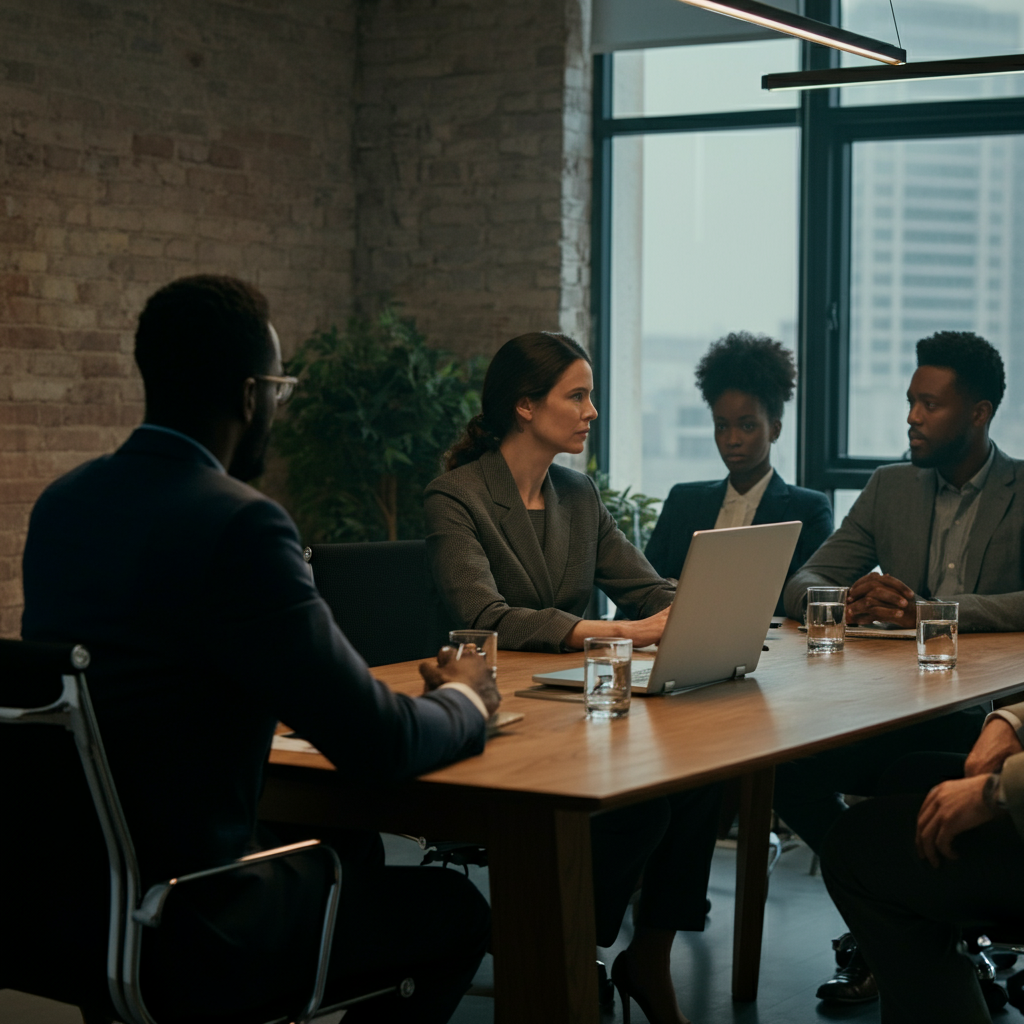 A diverse group of professionals seated around a conference table in a modern office. Soft, diffused light from a large window illuminates the scene, highlighting the textures of the wood table and the subtle patterns in their professional attire.