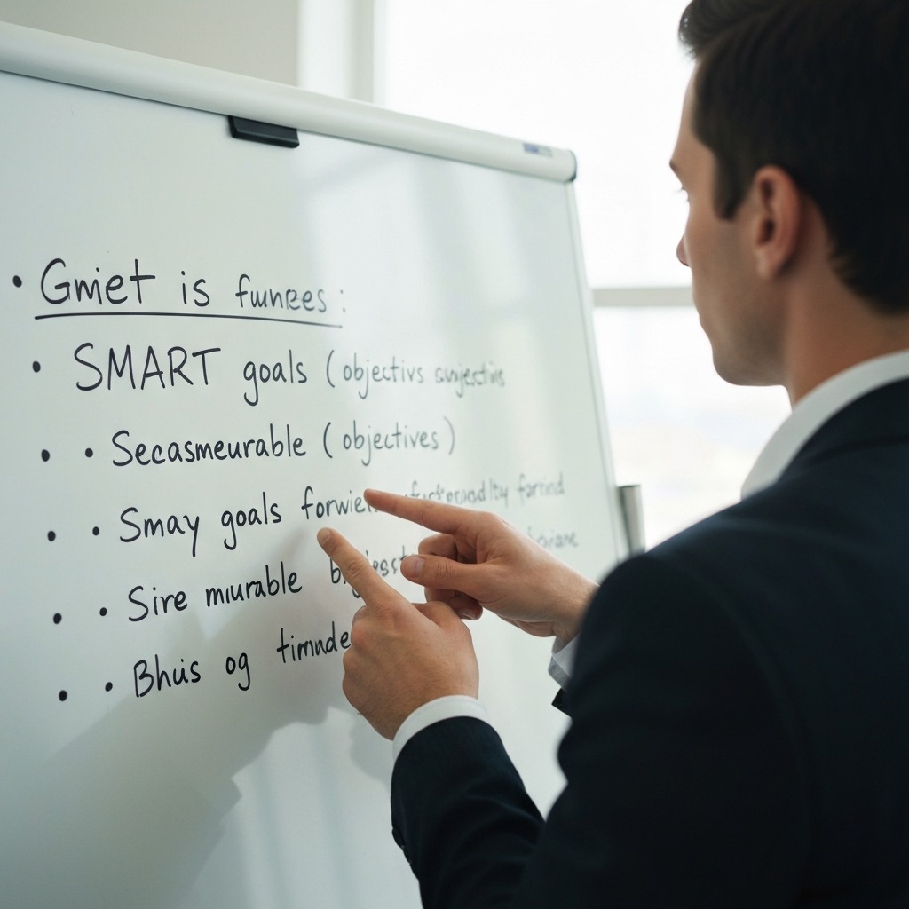 A close-up shot of a whiteboard in a brightly lit office. Neatly written bullet points outlining SMART goals are visible, with a hand pointing towards the section on "Measurable" objectives.