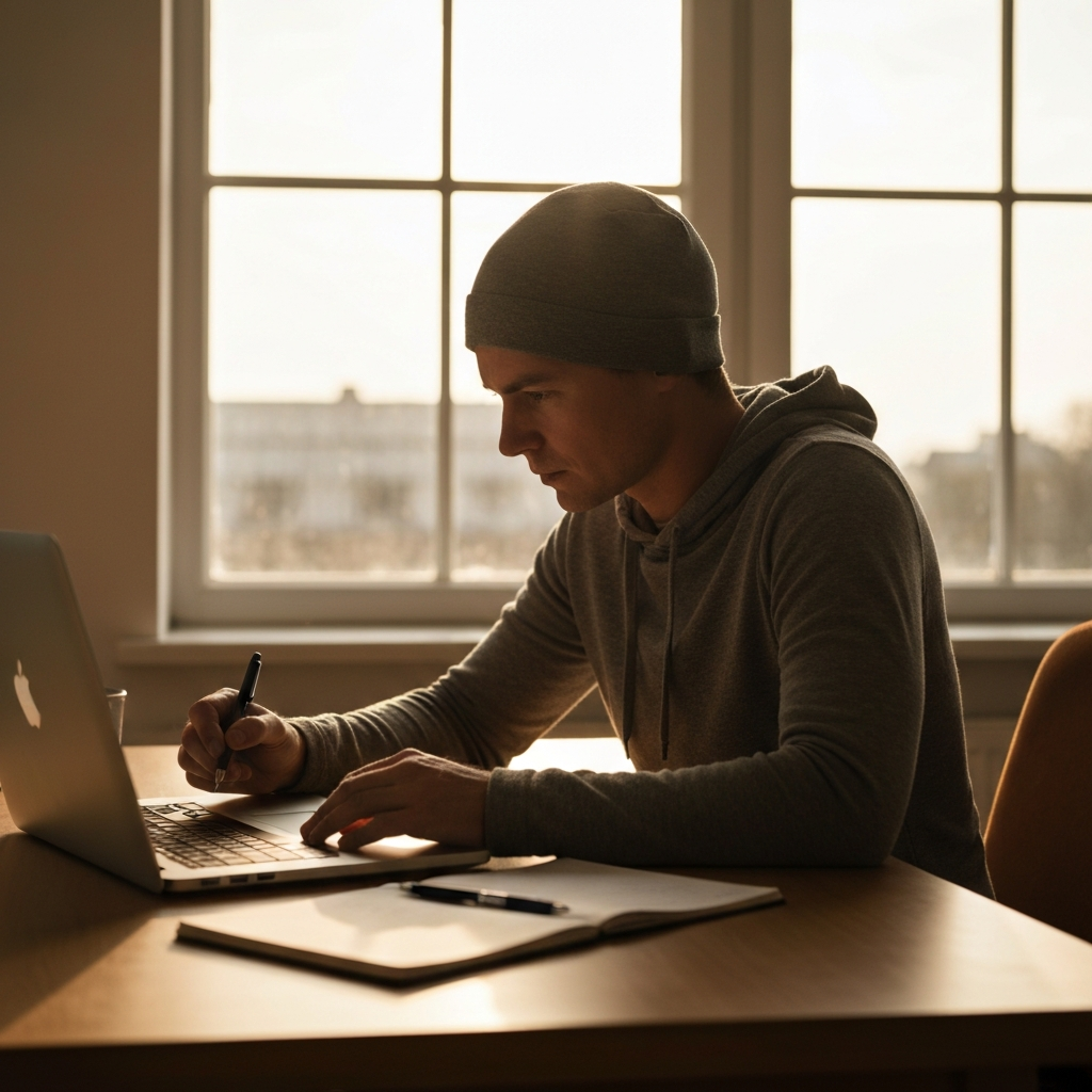 A writer sitting at a desk in a sun-drenched room, focused on a laptop screen. The room is uncluttered, with a notebook and pen nearby. The soft, warm light emphasizes the concentration on the writer's face.