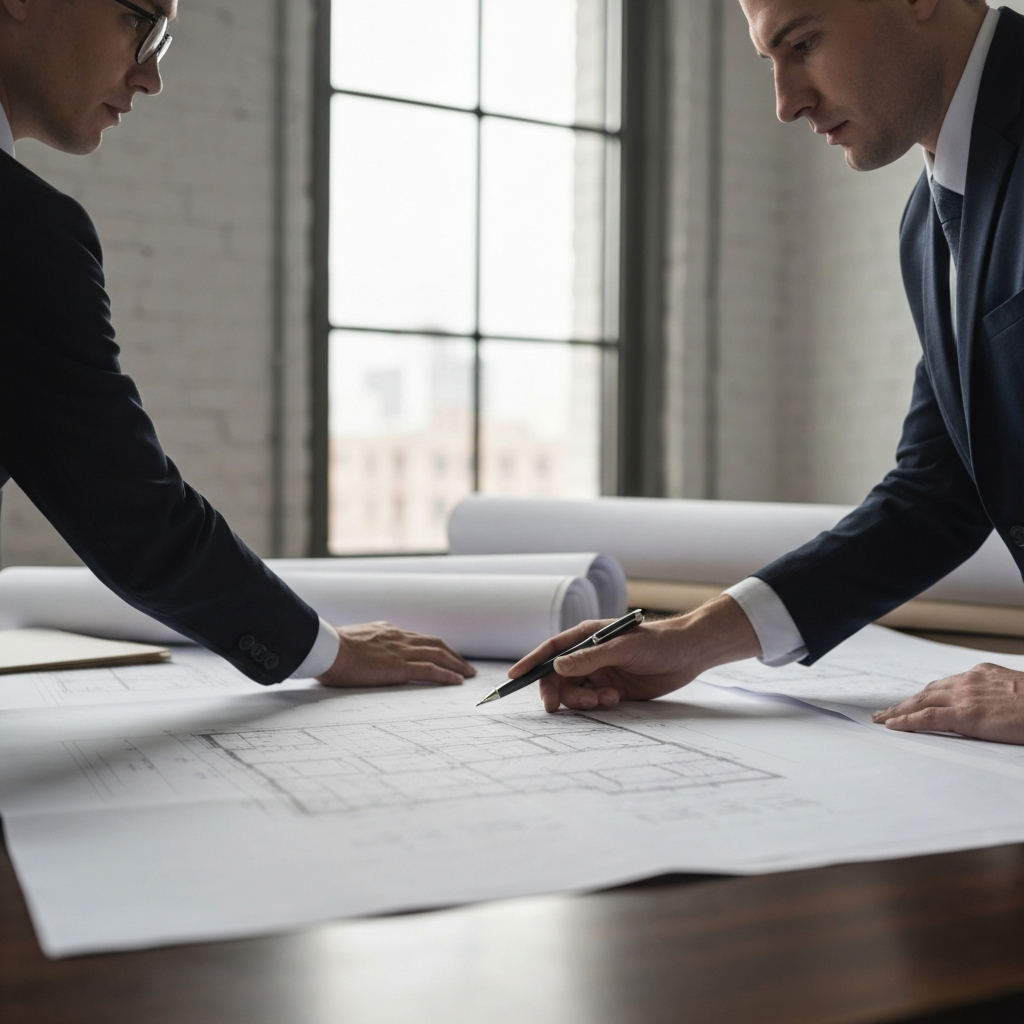 An architect reviewing blueprints spread out on a large table in a studio. Natural light floods the space, highlighting the crisp lines and details of the architectural drawings.