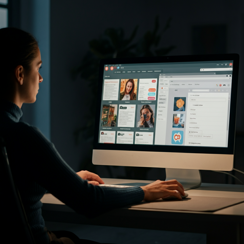 A digital marketing specialist working on a computer, with multiple browser windows open displaying different social media platforms. The monitor screen is brightly lit, showcasing the specialist's focused attention on optimizing content for each platform.