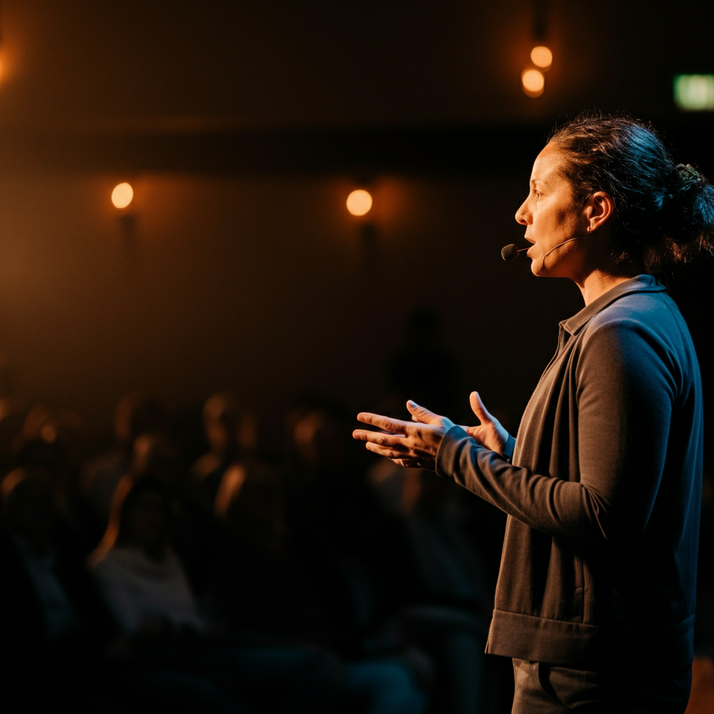 A speaker on a stage, illuminated by a spotlight, passionately telling a story to a captivated audience. The background is blurred, emphasizing the speaker's energy and connection with the crowd.