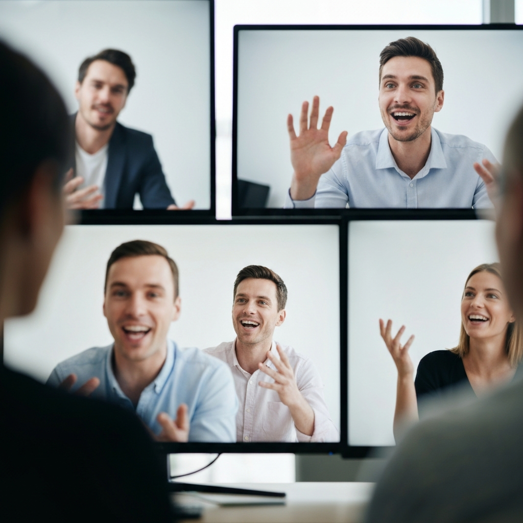 A virtual meeting with several participants on screen, actively engaged in a discussion. Their facial expressions show interest and enthusiasm, with some gesturing as they speak.