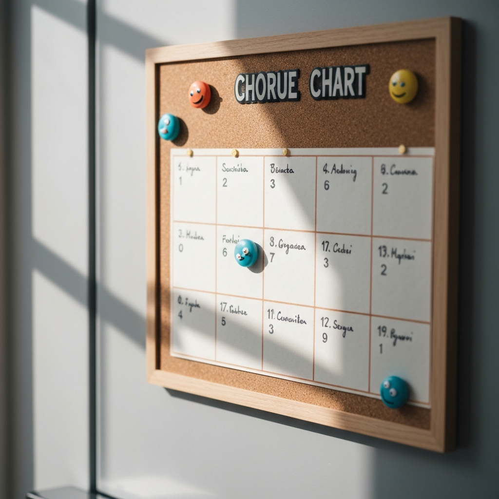 A close-up shot of a colorful chore chart hanging on a refrigerator. The chart is made of corkboard and features handwritten names and assigned tasks, decorated with small, playful magnets. Soft, diffused light illuminates the chart.
