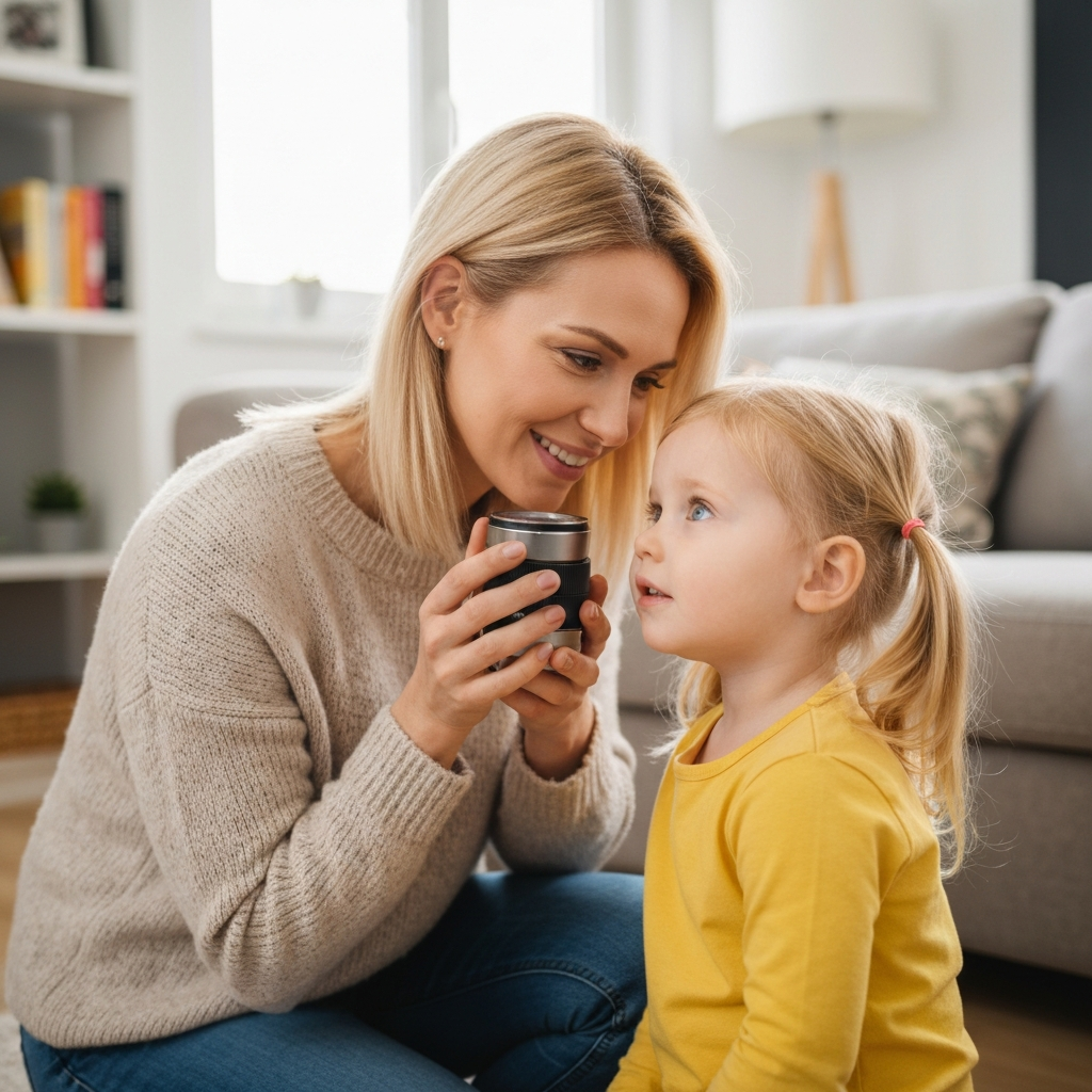 A mother is kneeling on the floor, facing her young daughter. They are engaged in conversation, with the mother maintaining eye contact and a gentle expression. Soft, natural light illuminates their faces.