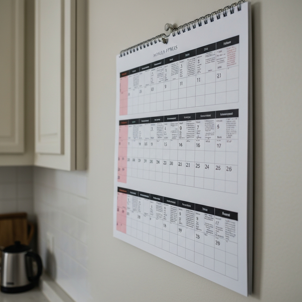 A close-up shot of a large wall calendar hanging in a kitchen. The calendar is filled with colorful entries, highlighting various appointments, activities, and family events. Soft, ambient light illuminates the scene.