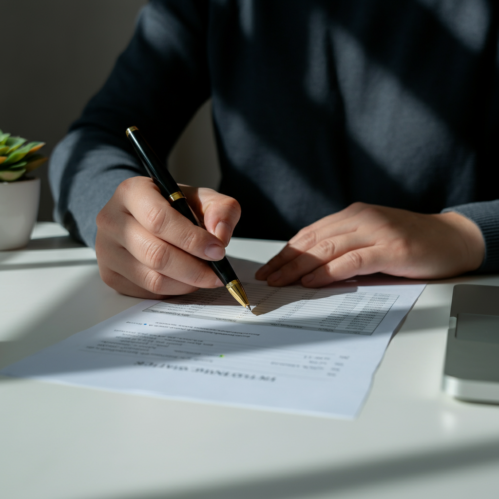 A close-up shot of a hand holding a pen, circling figures on a printed income statement. Soft, diffused light filters through a window, casting subtle shadows on the paper. The desk has a clean, minimalist aesthetic with a small succulent plant in the corner.
