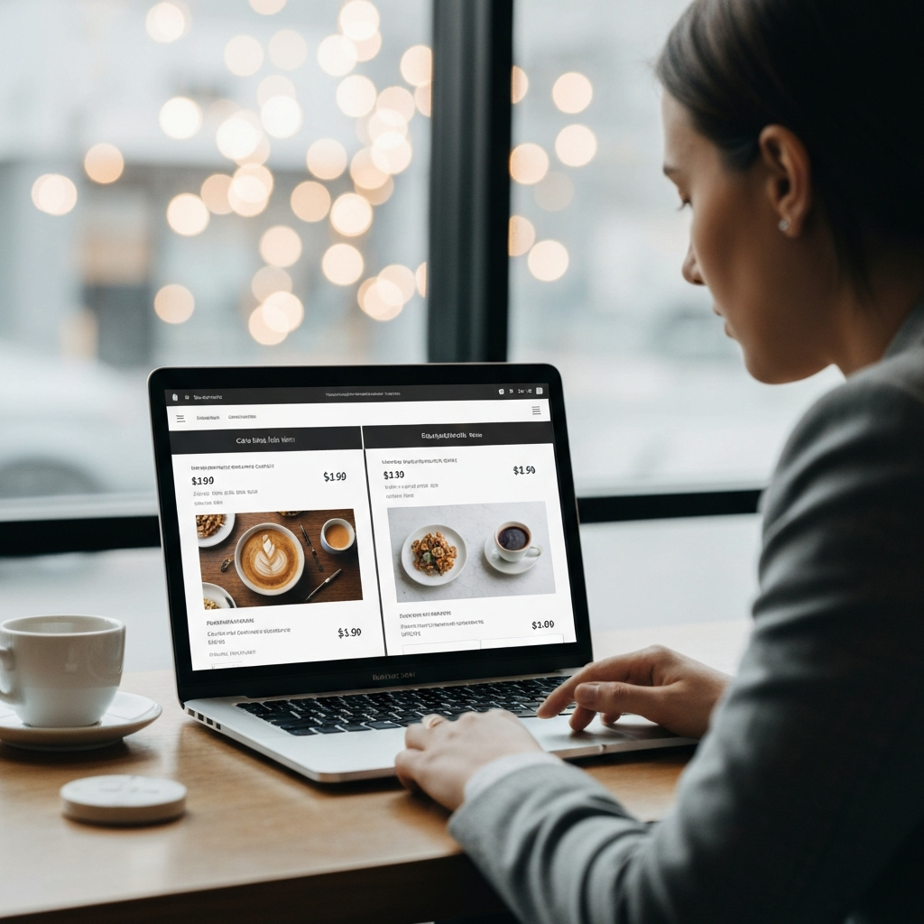 A coffee shop setting. A person sitting at a table, carefully comparing prices of similar menu items on two different cafes' websites displayed on a laptop. The laptop screen has soft glow, the background features soft bokeh with warm lighting.