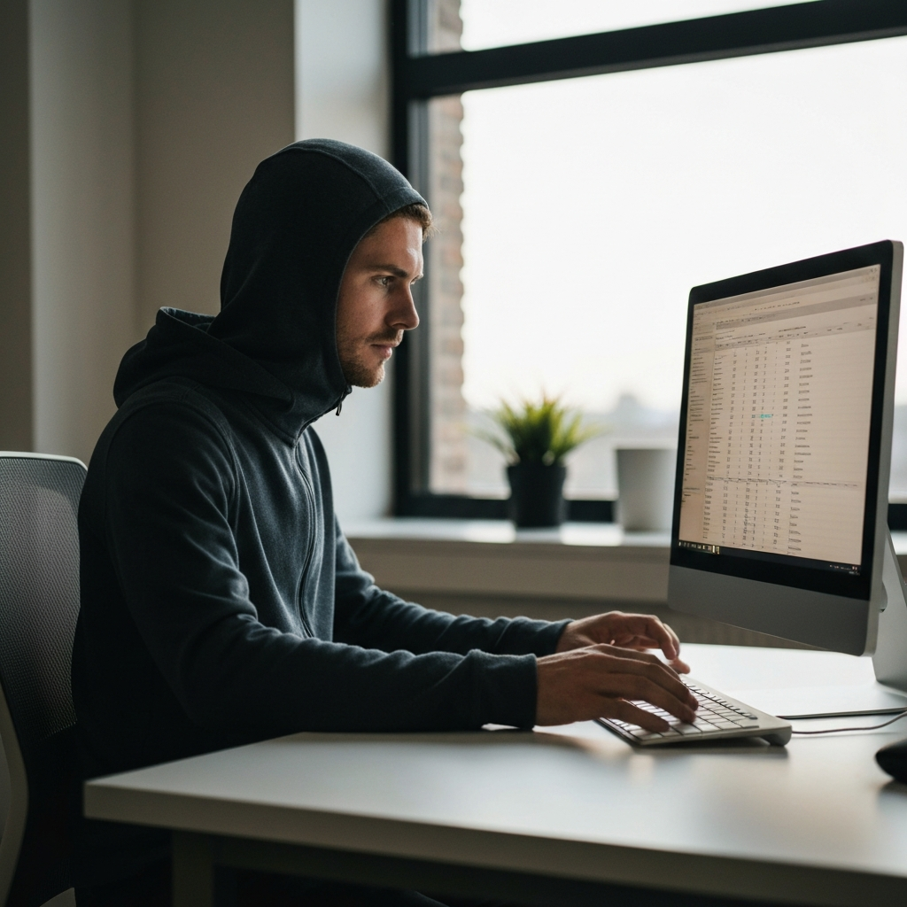 A brightly lit office space. An employee is meticulously reviewing a spreadsheet on a large monitor. Natural light floods the room, highlighting the details of the computer screen and the employee's focused expression.