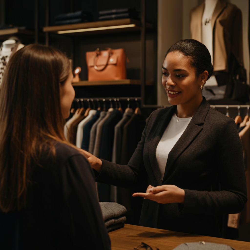 A warmly lit retail store. A friendly sales associate is engaging in a conversation with a customer, gesturing towards a product on display. Soft, diffused light enhances the textures of the clothing and merchandise.
