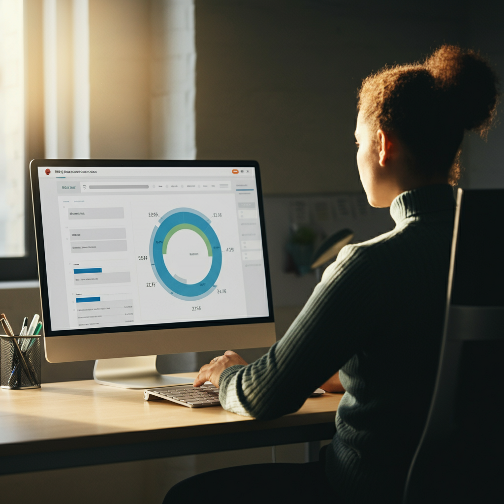 A person is sitting in a well lit office and analyzing data on a computer screen showing website analytics. Soft morning sunlight is shining through the office window.