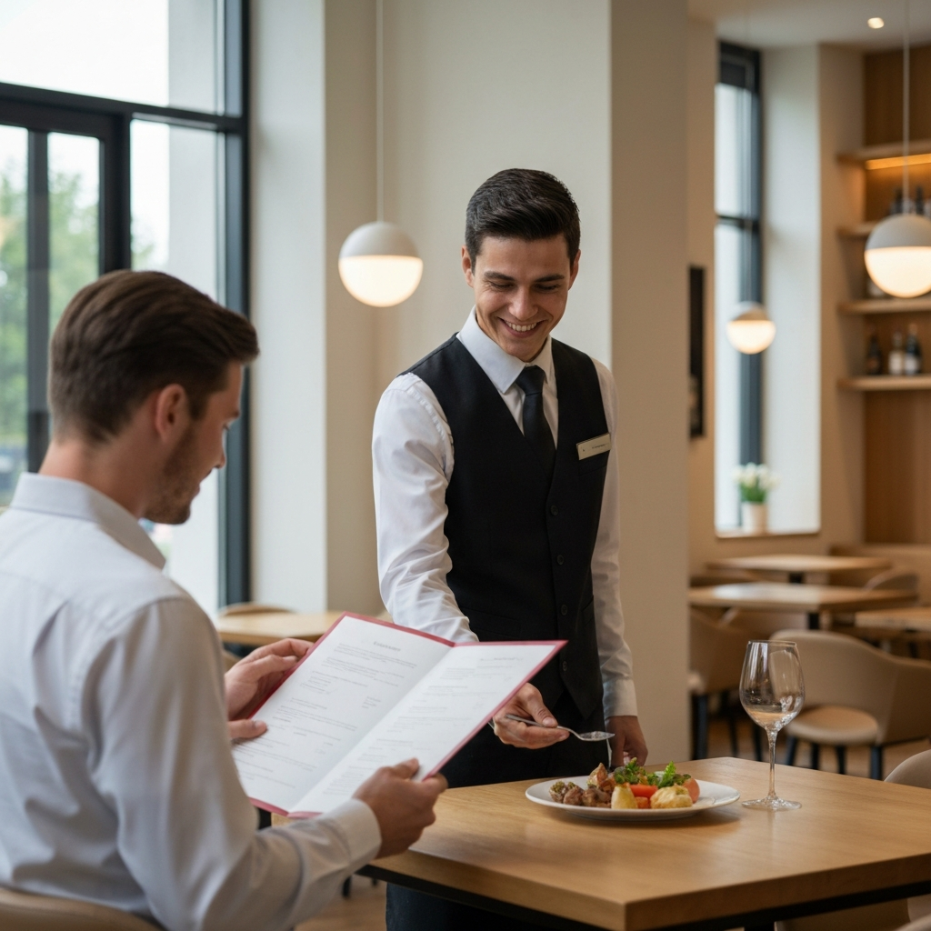 A restaurant setting. A waiter smiles warmly while suggesting an appetizer to a customer who is reviewing the menu. Warm, inviting lighting creates a pleasant atmosphere.