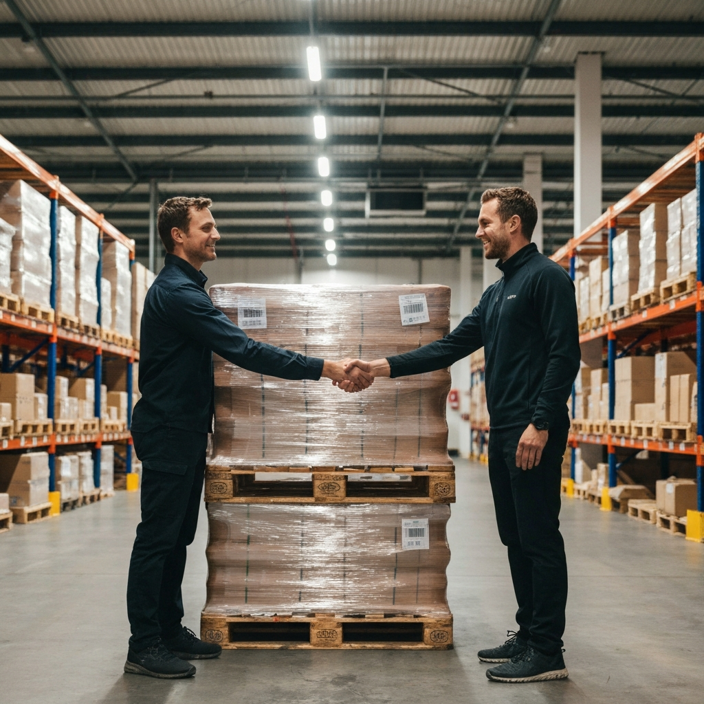 A warehouse environment. Two individuals, one a supplier representative and another from the business are shaking hands in front of a pallet of goods. The warehouse is well lit with overhead fluorescent lights.