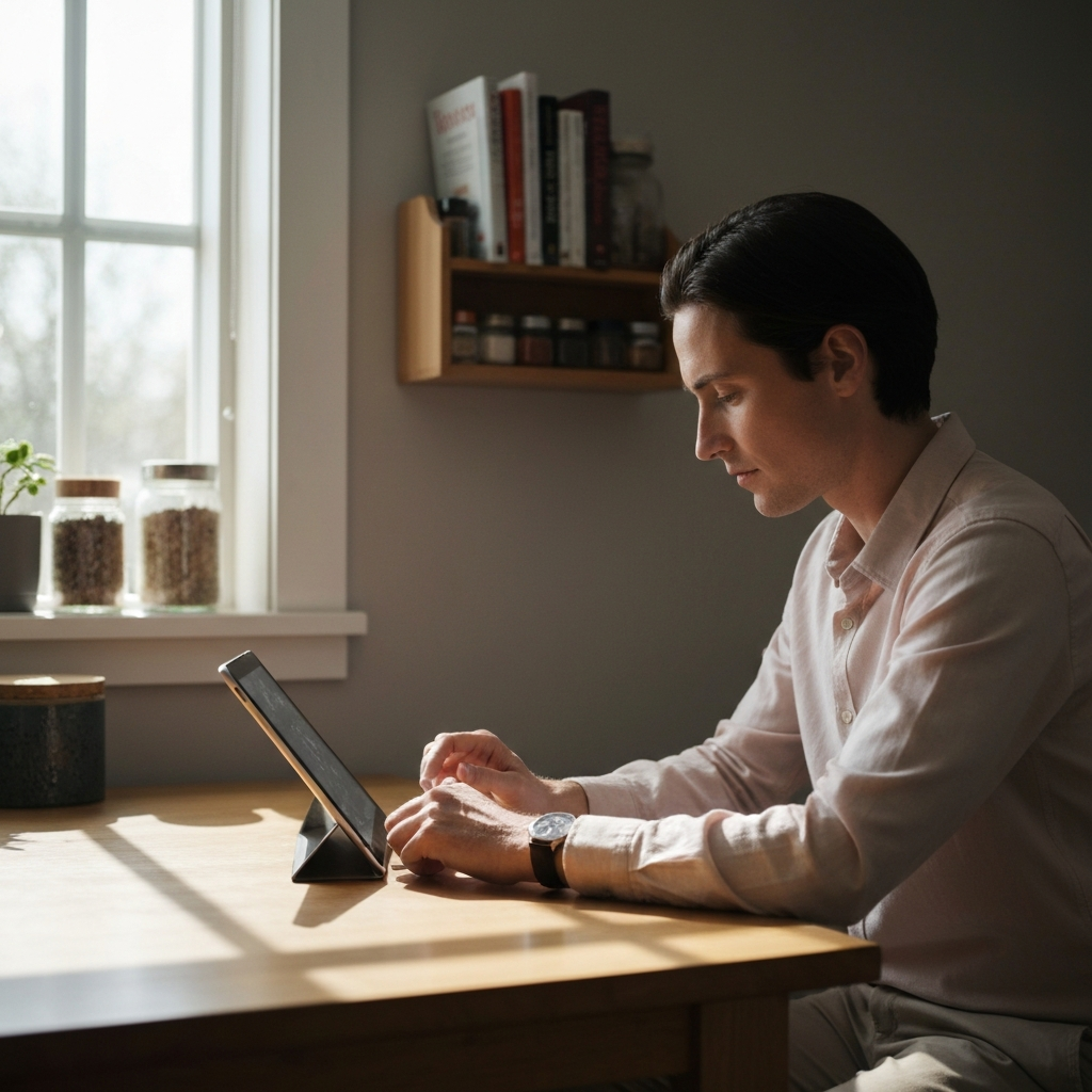 Wide shot of a person using a tablet at a kitchen table, illuminated by natural light from a window. Soft bokeh on the background elements like cookbooks and spice racks.