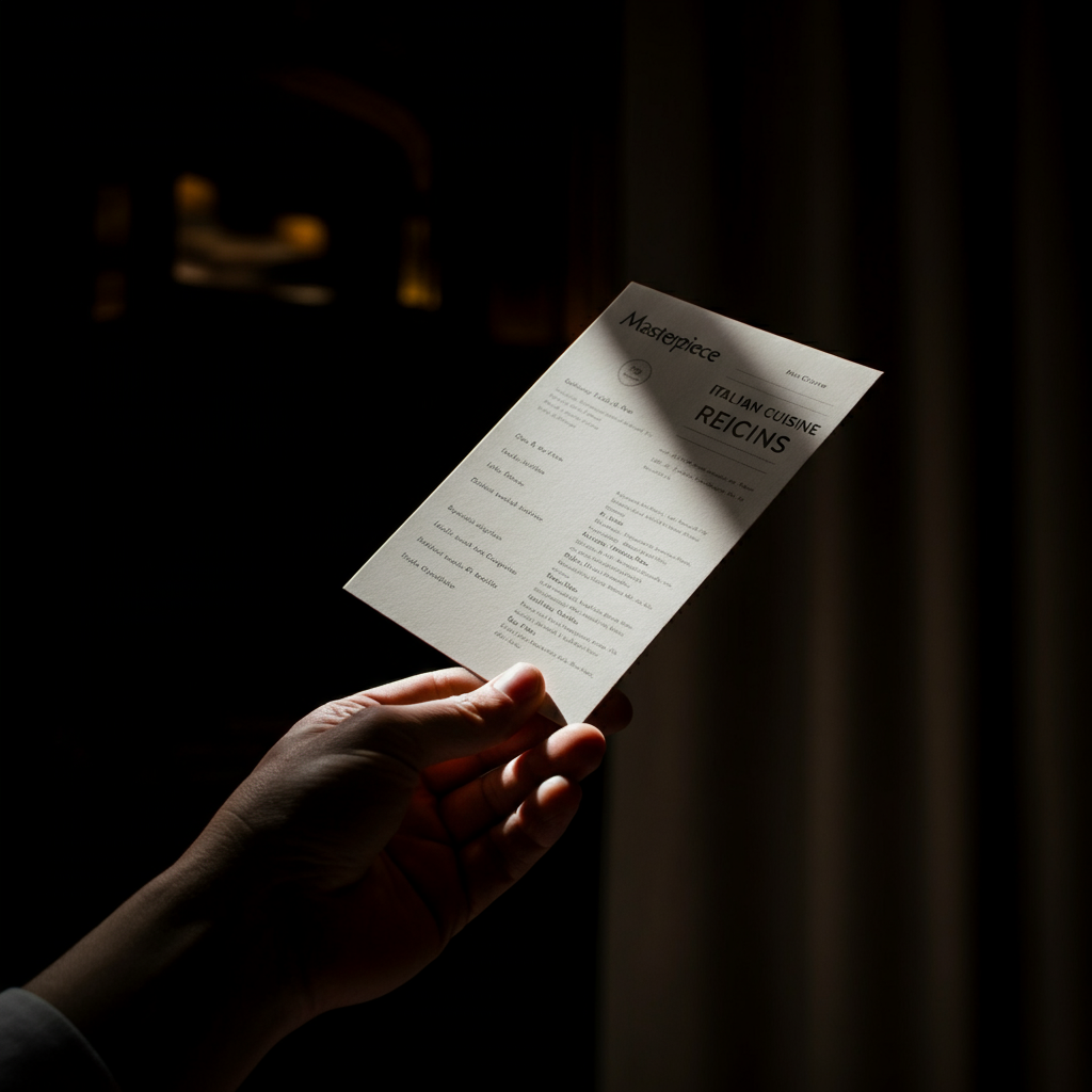 Close-up shot of a hand holding a recipe card with Italian cuisine options, side-lit to emphasize the texture of the card and handwritten notes.