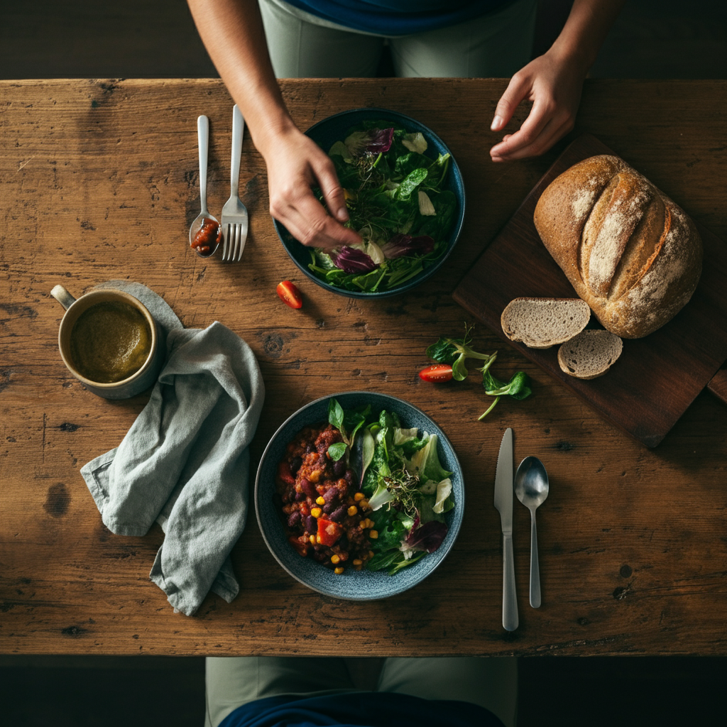 Overhead shot of a rustic wooden table set with a simple meal: a large bowl of chili, a green salad, and a loaf of bread, bathed in warm, natural light.