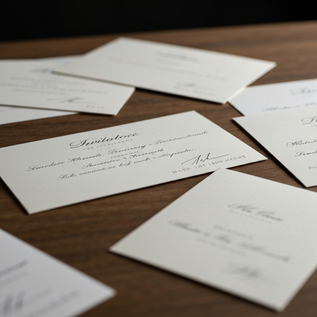 Medium shot of several hand-written invitations scattered on a wooden surface, with one invitation slightly blurred in the foreground.