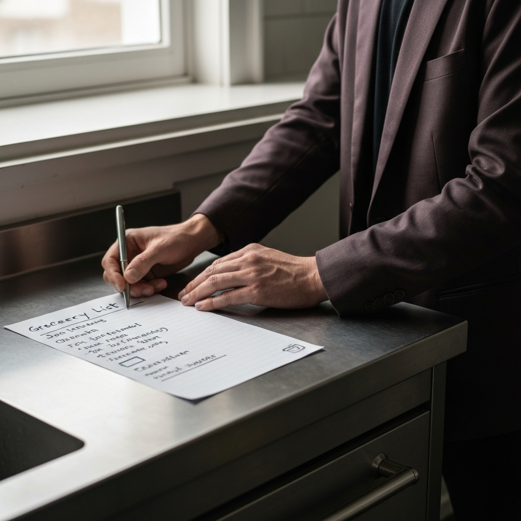 A close-up shot of a handwritten grocery list with highlighted items, contrasted against a stainless steel kitchen counter.