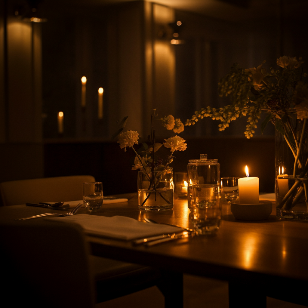 Soft focus shot of a warmly lit dining room with candles and simple floral arrangements, emphasizing a comfortable and inviting atmosphere.