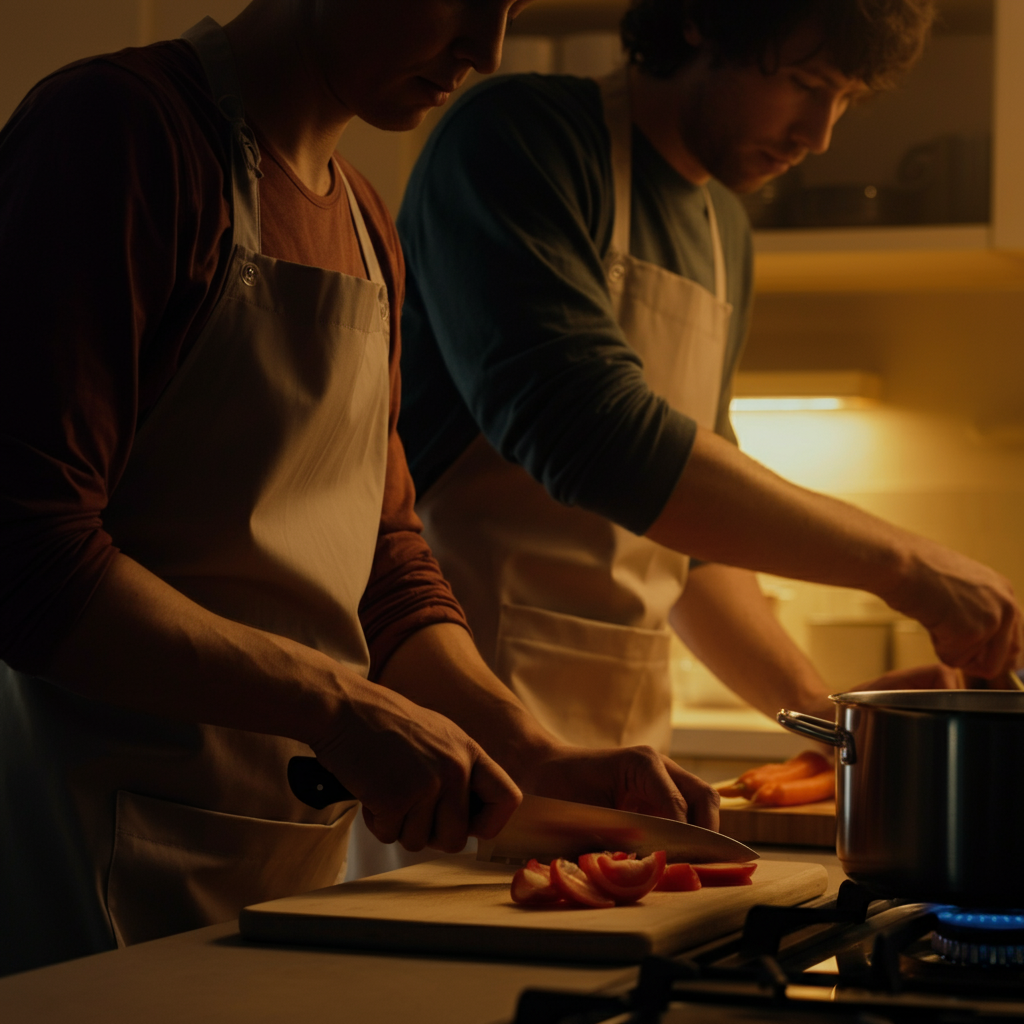 Medium shot of two people in a kitchen collaboratively preparing food, one chopping vegetables, the other stirring a pot, lit with warm, ambient light.