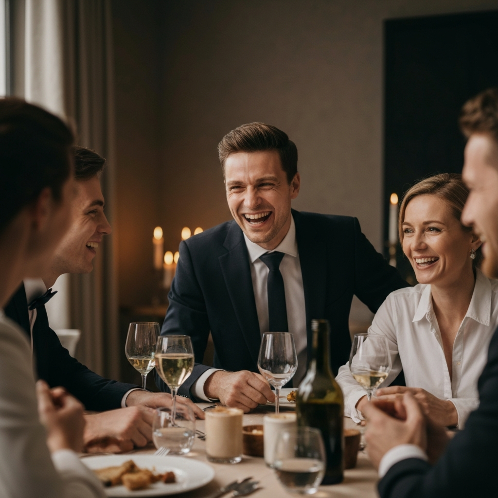 Over-the-shoulder shot of a host laughing with guests at a dinner table, with soft, warm lighting highlighting the friendly interaction.