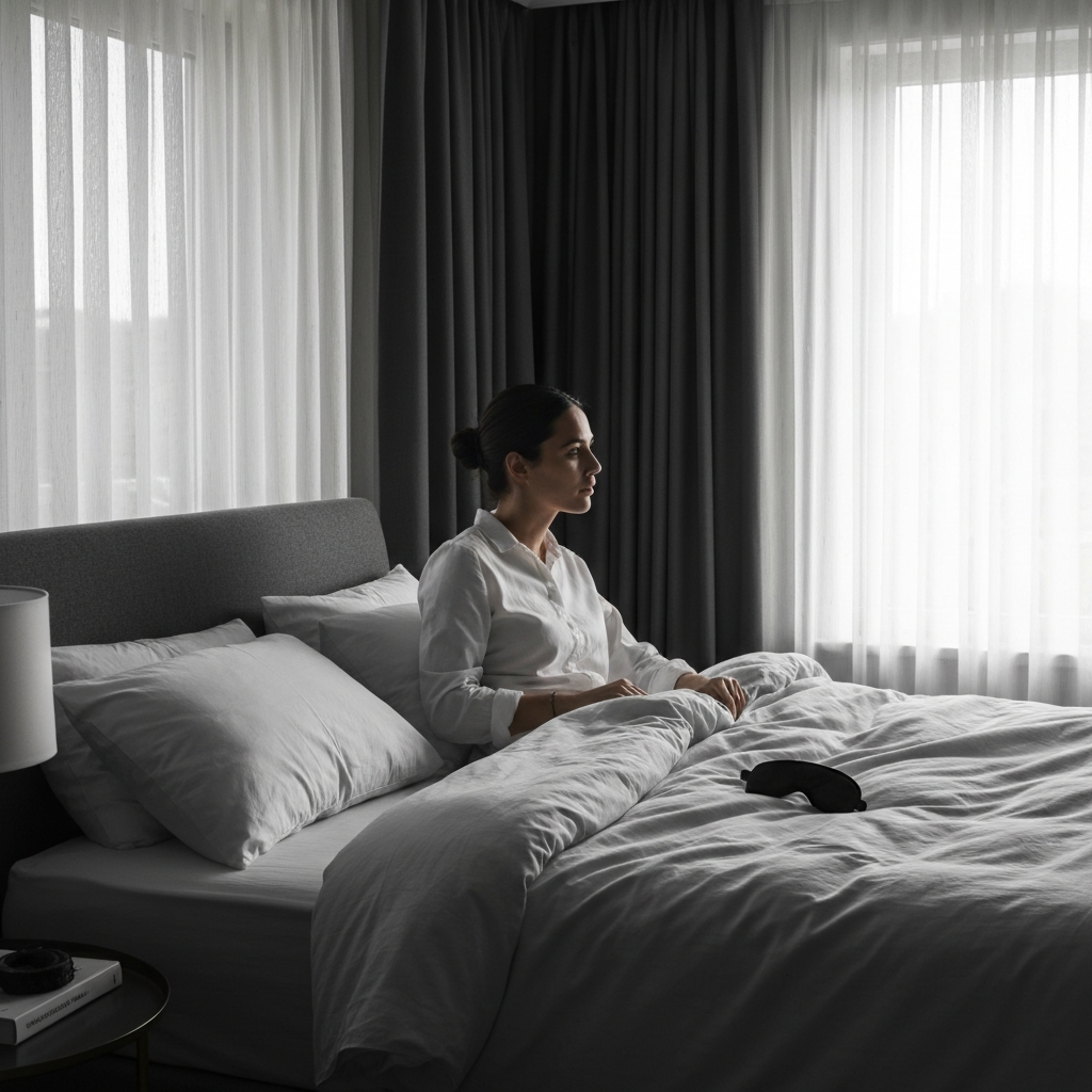 A bedroom with blackout curtains and soft, diffused light filtering through. A comfortable bed with plush pillows and a thick duvet. A small bedside table with a sleep mask and a book.