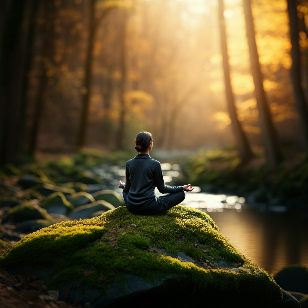 A serene outdoor scene of someone meditating on a moss-covered rock near a gently flowing stream. Soft bokeh blurs the background of trees in golden hour lighting.