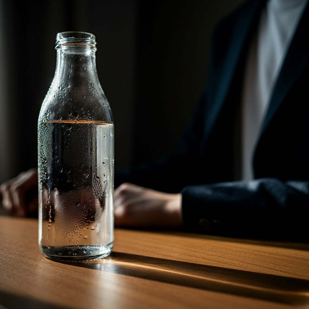 A close-up of a clear glass water bottle resting on a wooden desk, with sunlight highlighting the condensation droplets on the bottle's surface.