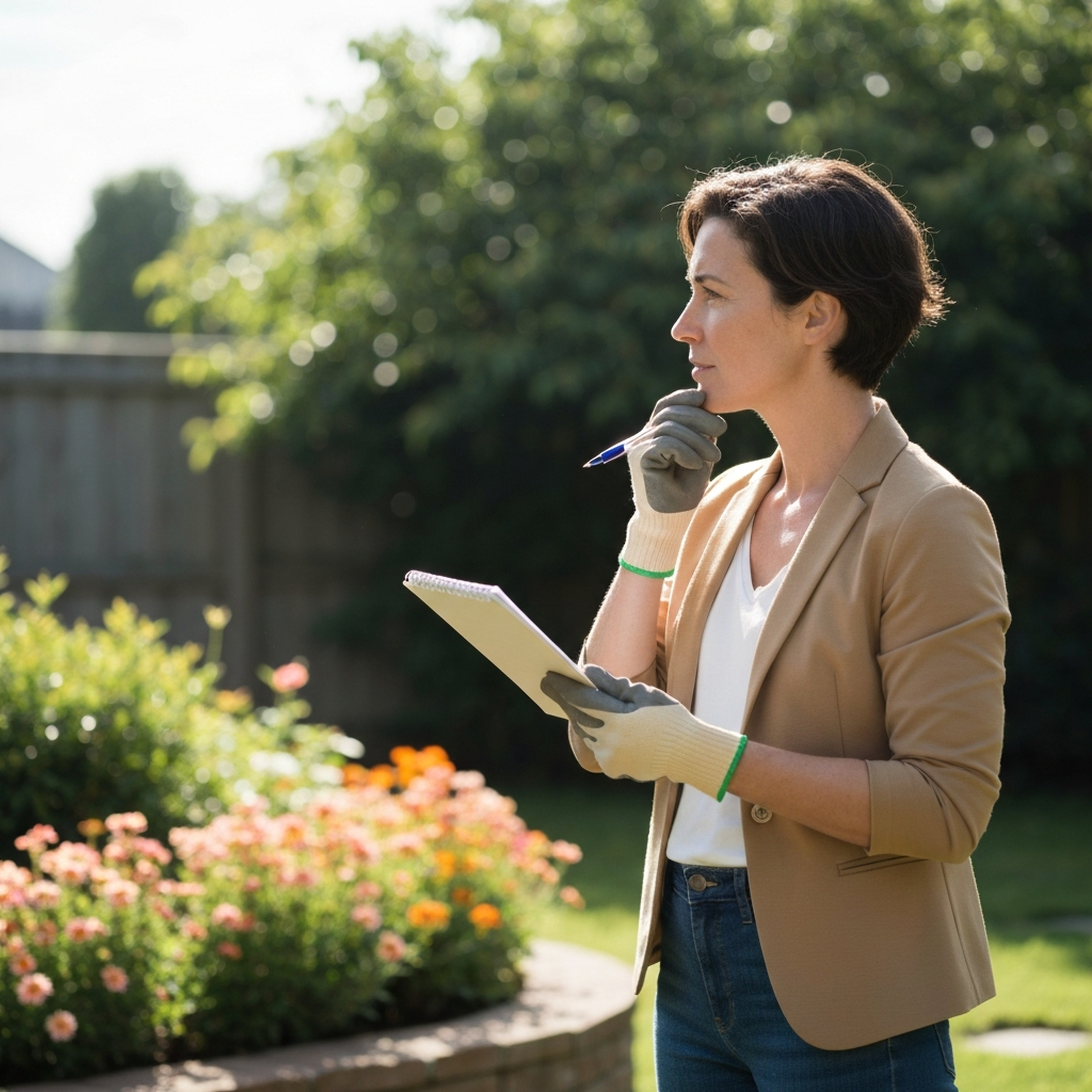 A person wearing gardening gloves, holding a notepad and pen, standing in a sunny backyard. They are looking towards a flower bed with a thoughtful expression. Soft, diffuse light bathes the scene.