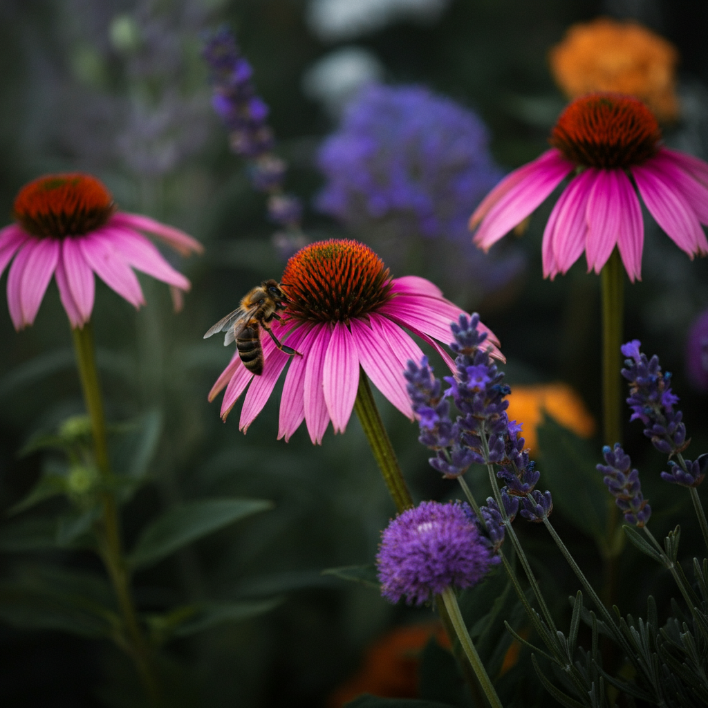 Close-up shot of various bee-friendly flowers, including lavender, bee balm, and coneflowers. Golden hour lighting highlights the textures of the petals and leaves. A bee is visible on one of the flowers, covered in pollen.