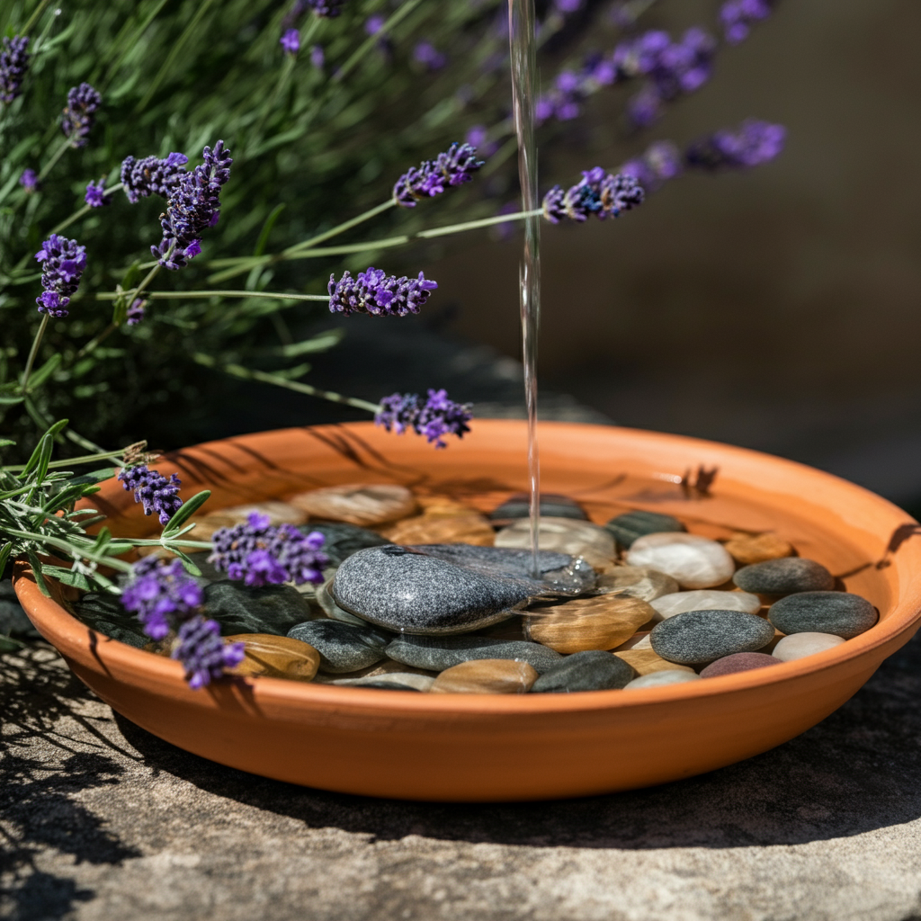 A shallow terracotta dish filled with water and smooth, colorful pebbles. The dish sits on a stone surface next to a blooming lavender plant. The light is soft and diffused, creating a calming atmosphere.