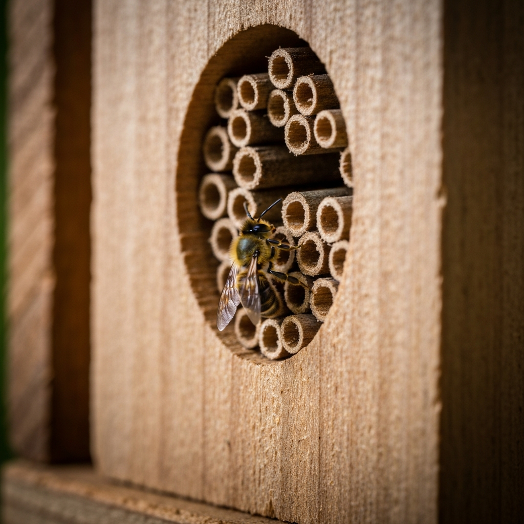A close-up shot of a bee house made of wood, filled with hollow stems and drilled holes. A solitary bee is entering one of the holes. The wood has a natural, weathered texture.