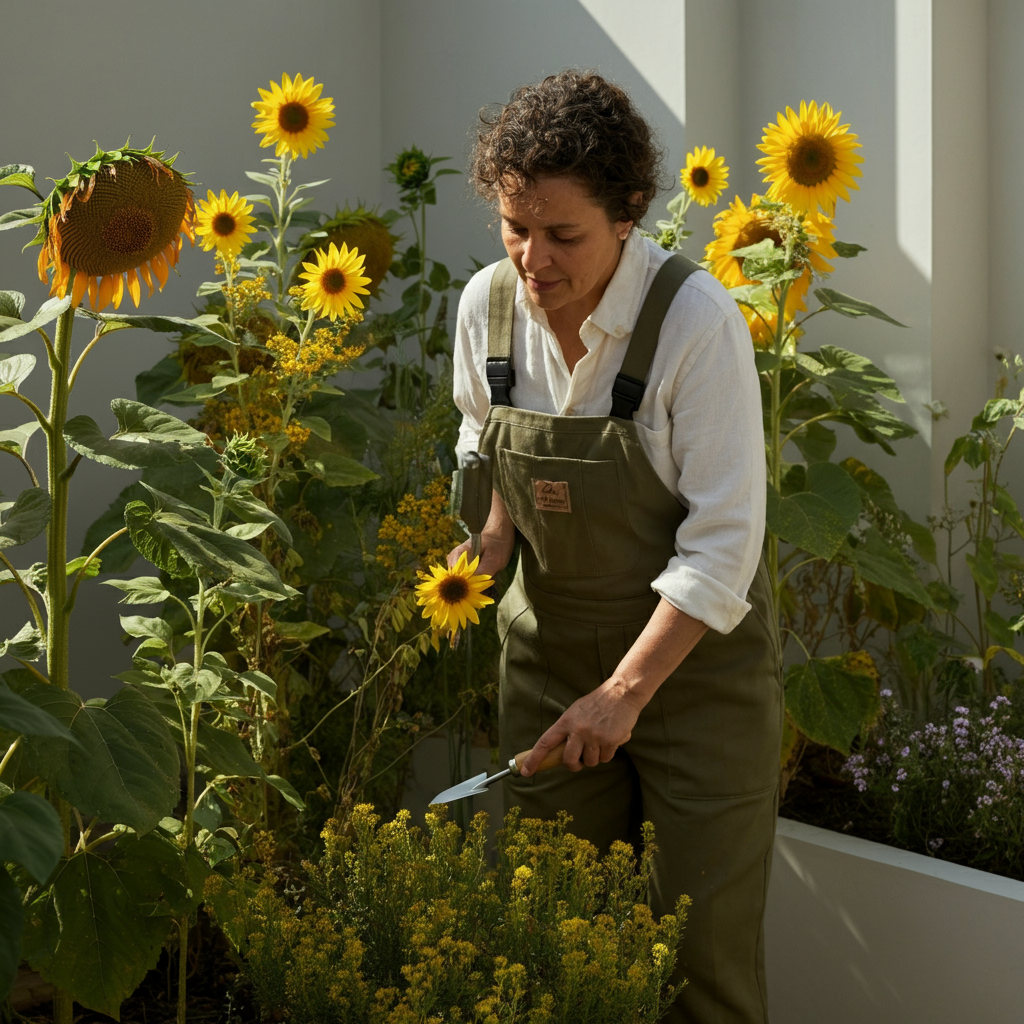 A person tending to a bee garden, using a small hand trowel to remove weeds from around a blooming sunflower. The person is wearing gardening clothes and has a relaxed, focused expression. The light is warm and inviting.